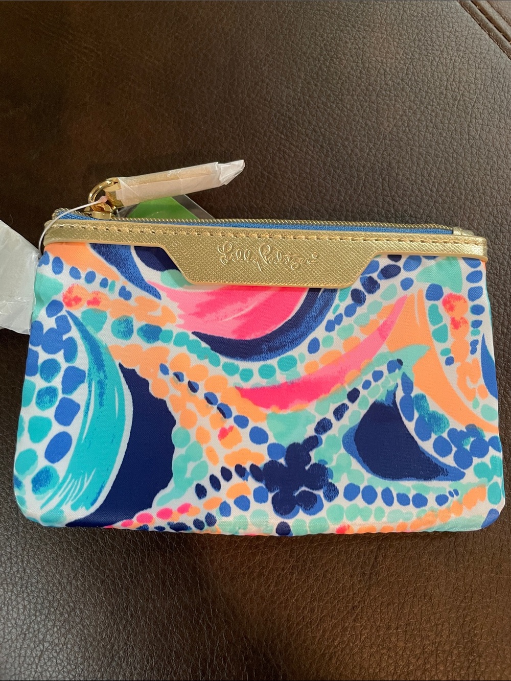 Lilly Pulitzer Navy, Aqua, Coral & Neon Pink Printed Key ID Case with Gold Trim
